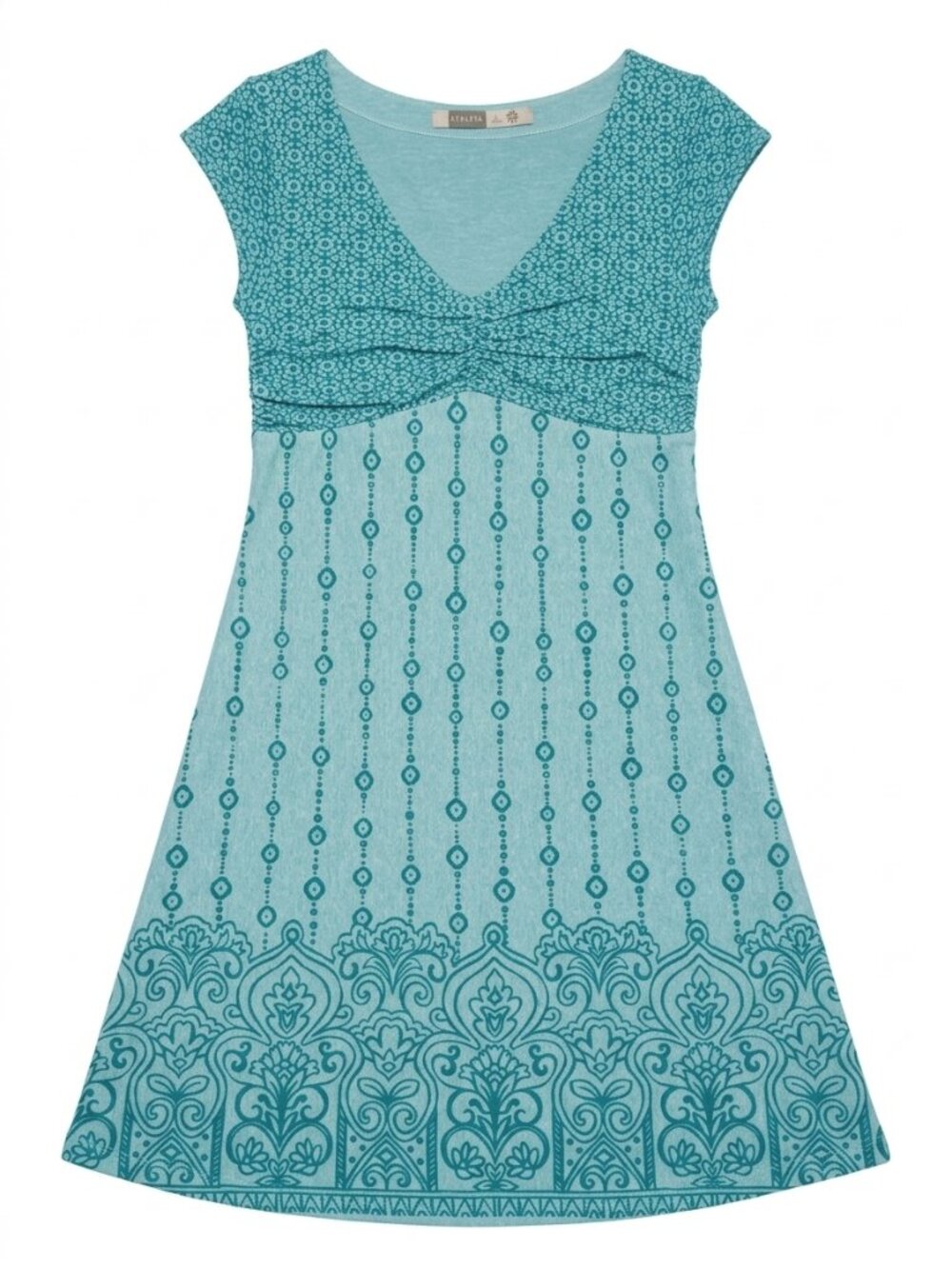 Athleta Blue Medallion Mixed Print Empire Waist V-Neck Dress - Small